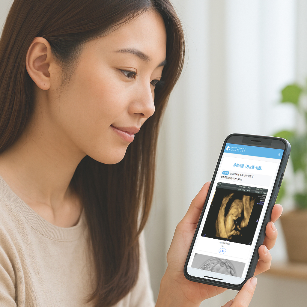 スマートフォンで妊婦健診の超音波画像を閲覧する様子