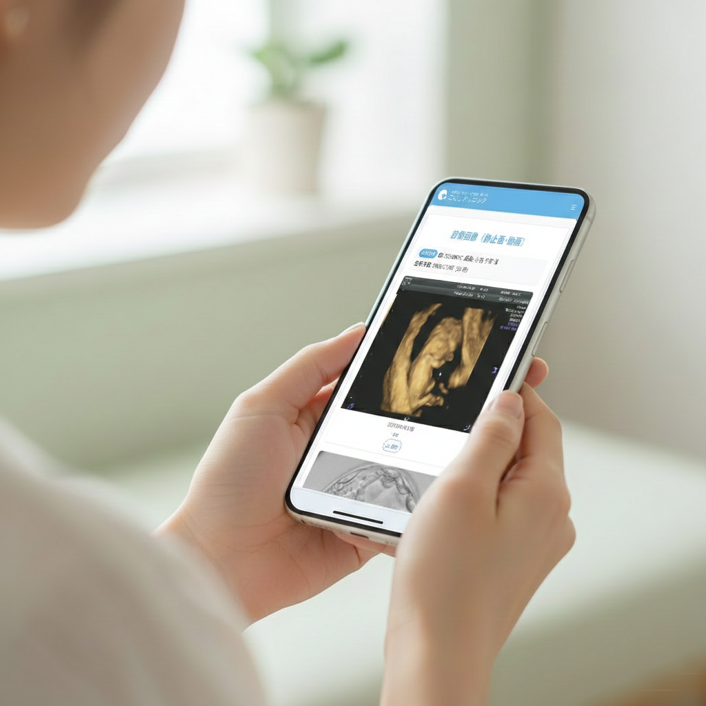 スマートフォンで妊婦健診の超音波画像を閲覧する様子