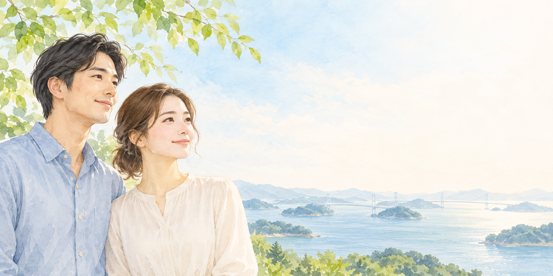 木漏れ日の中で瀬戸内の海を眺めるカップルの水彩イラスト